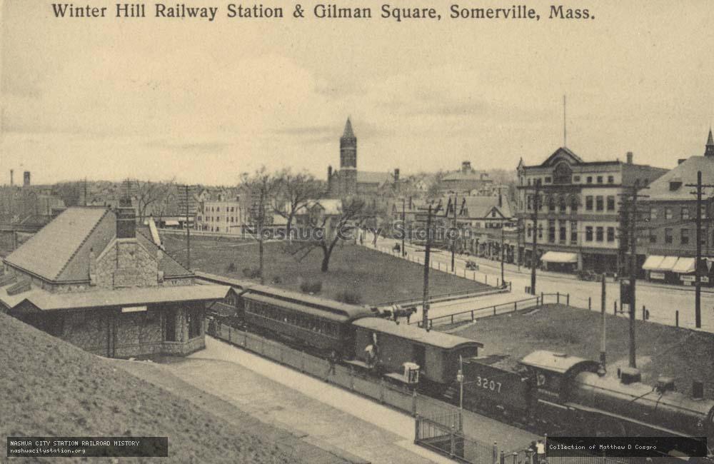 Postcard: Winter Hill Railway Station and Gilman Square, Somerville, Massachusetts